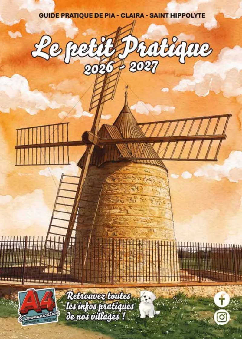 Couverture du guide pratique de Pia, Claira et Saint-Hippolyte « Le petit Pratique 2026-2027 », moulin à vent en aquarelle.