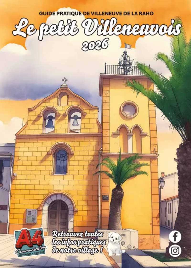 Couverture du guide pratique de Villeneuve de la Raho « Le petit Villeneuvois 2026 », église en aquarelle.